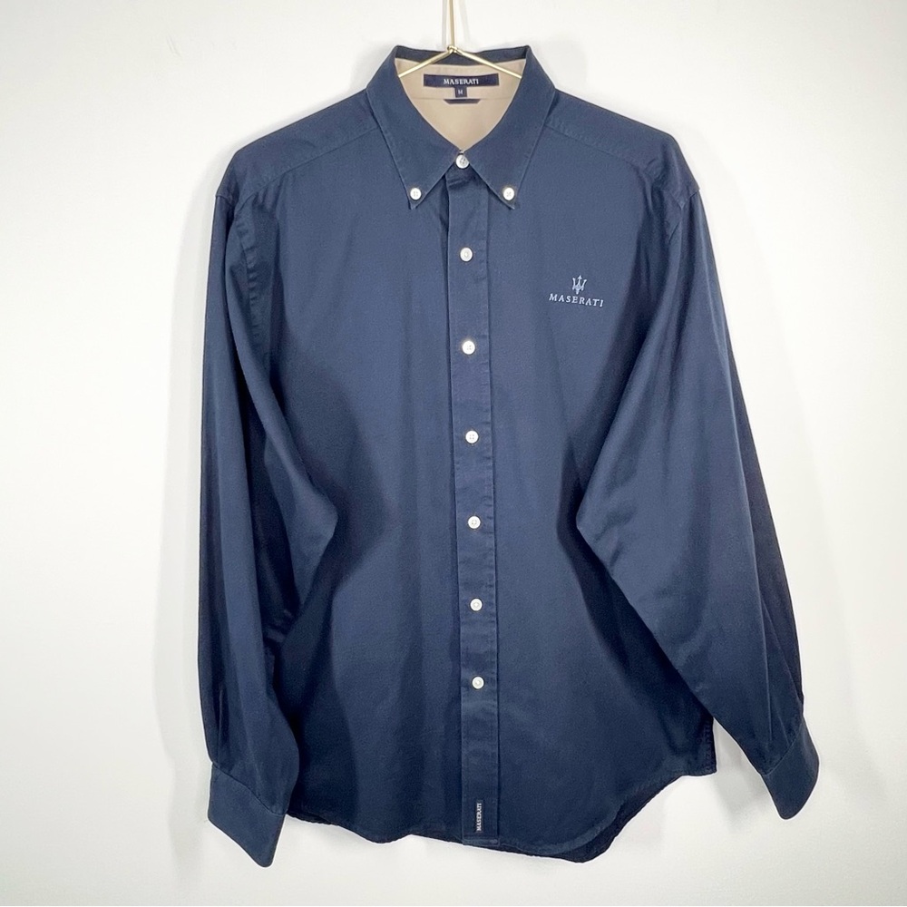 Maserati Button Up Long Sleeve Shirt Navy Blue Racing Logo Medium